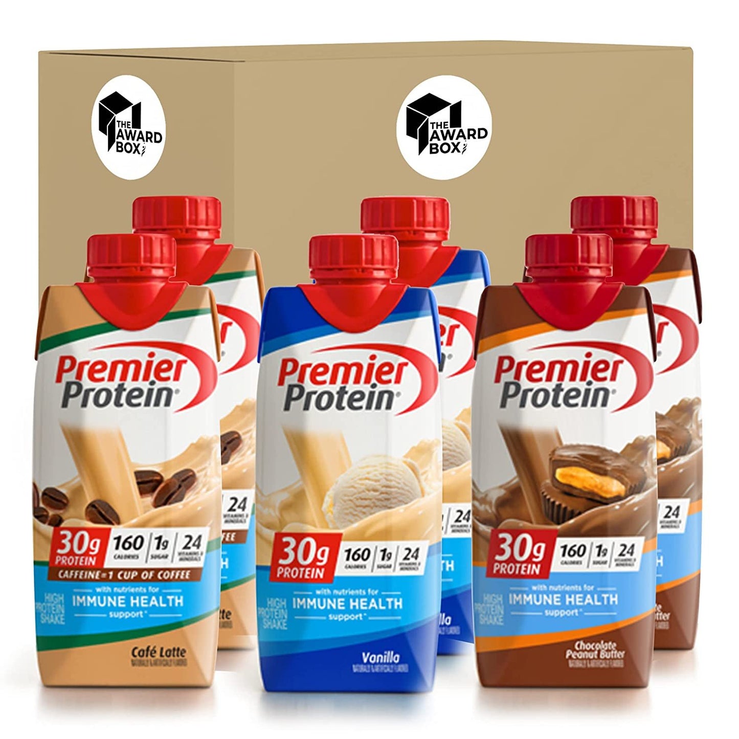 Premier  Protein Shakes Variety Pack 11 Fl. Oz Each - Chocolate Peanut Butter, Vanilla, Caffe Latte, 2 of Each Flavor (6 Total Bottles) in The Award Box Packaging