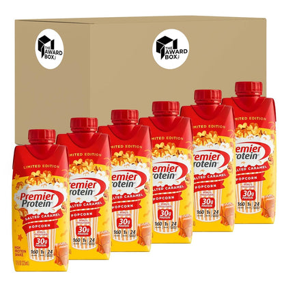 Premier Protein Shakes Salted Caramel Popcorn 6 Bottles in The Award Box Packaging 11 Fl oz Each