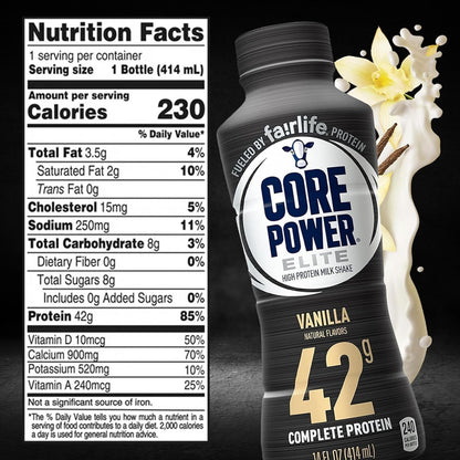 Core Power Elite Variety Pack - Vanilla, Strawberry, and Chocolate 42g Protein Shakes - 14 Fl Oz 6 Bottles (2 each)