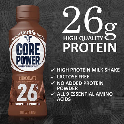 Core Power Protein Shakes 26g |- 2 Chocolate, 2 Vanilla  and Strawberry Banana 14 oz in The Award Box Packaging