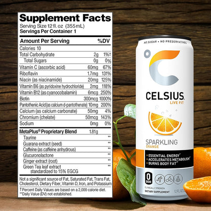 Celsius Sparkling Essential Energy Drink No Sugar or Preservatives 12 fl oz, Slim Cans Assorted Variety 6 Pack, in The Award Box Packaging Combo Box (Orange, Kiwi Guava, Wild Berry, 6 pack)