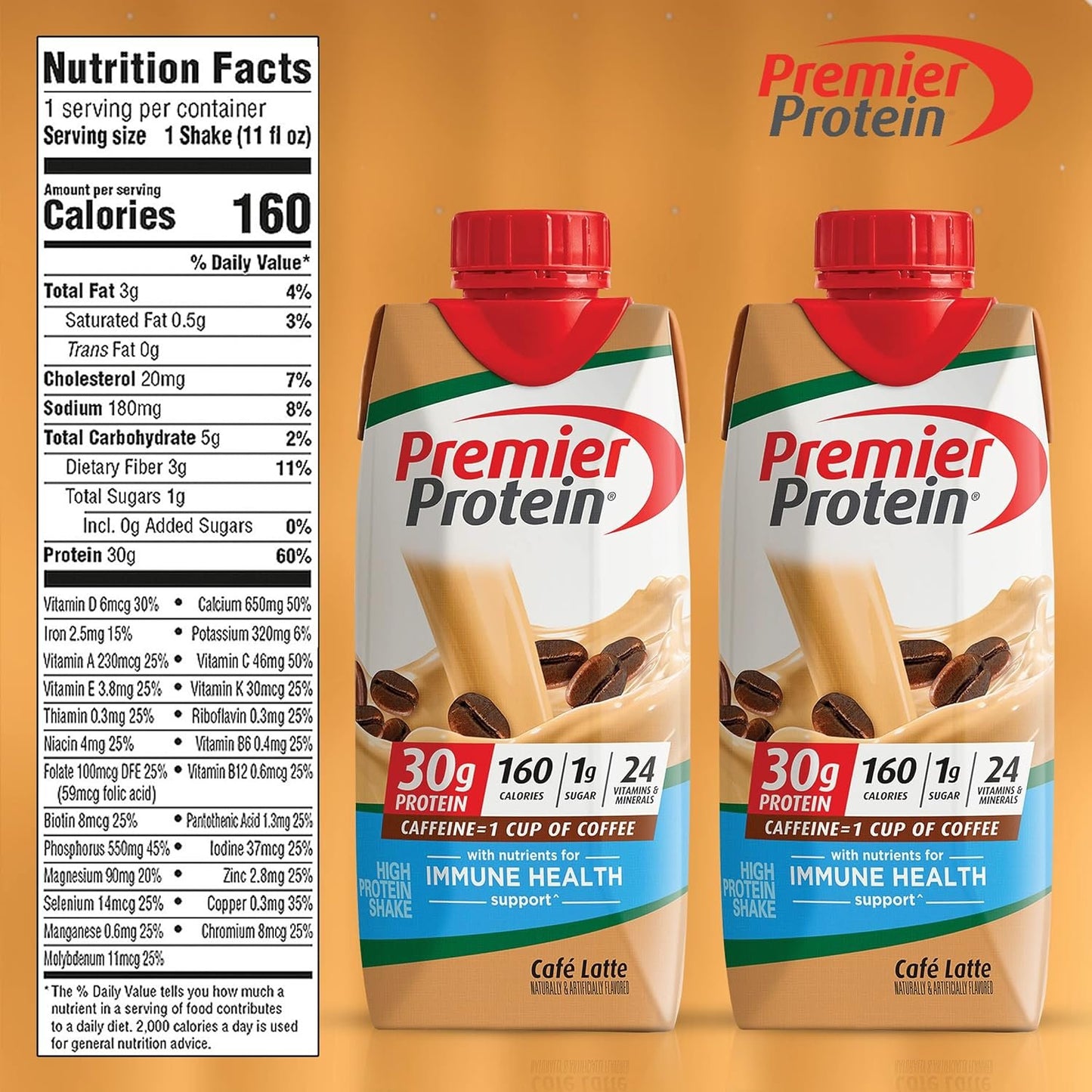 Premier Protein Shake Cafe Latte11 Fl oz In The Award Box Packaging High-Protein Drink - 6 Bottles