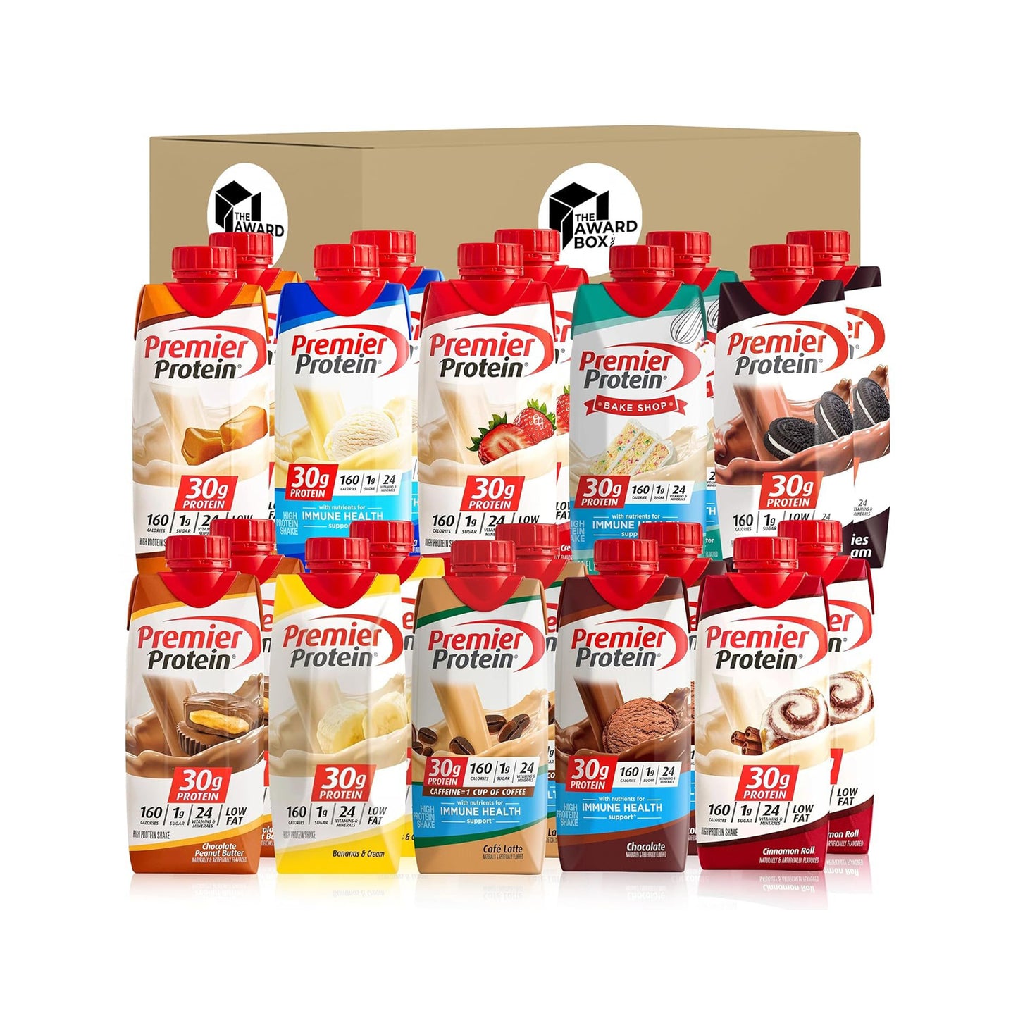 Premier Protein Shakes Variety Pack Sampler, 11 Fl. Oz Each - Cafe Latte, Chocolate, Vanilla, Caramel, Cake Batter, Chocolate Peanut Butter, Cinnamon, Banana, Strawberry, Cookies and Cream  in The Award Box Packaging (10 Flavors,2 each) - Pack of 20