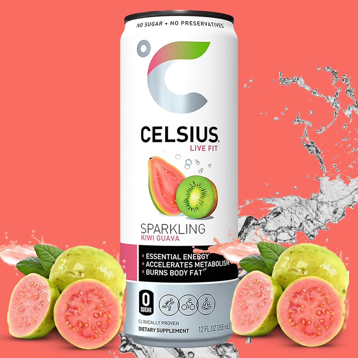 Celsius Sparkling Essential Energy Drink No Sugar or Preservatives 12 fl oz, Slim Cans Assorted Variety 6 Pack, in The Award Box Packaging Combo Box (Orange, Kiwi Guava, Wild Berry, 6 pack)