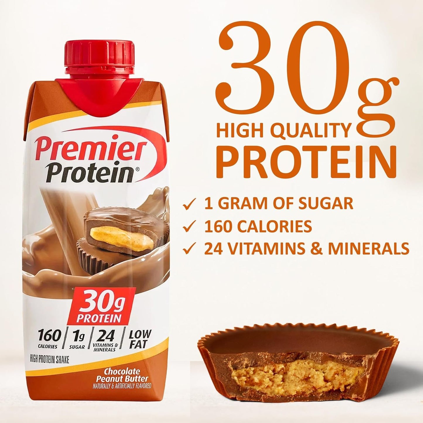 Premier  Protein Shakes Variety Pack 11 Fl. Oz Each - Chocolate Peanut Butter, Vanilla, Caffe Latte, 2 of Each Flavor (6 Total Bottles) in The Award Box Packaging