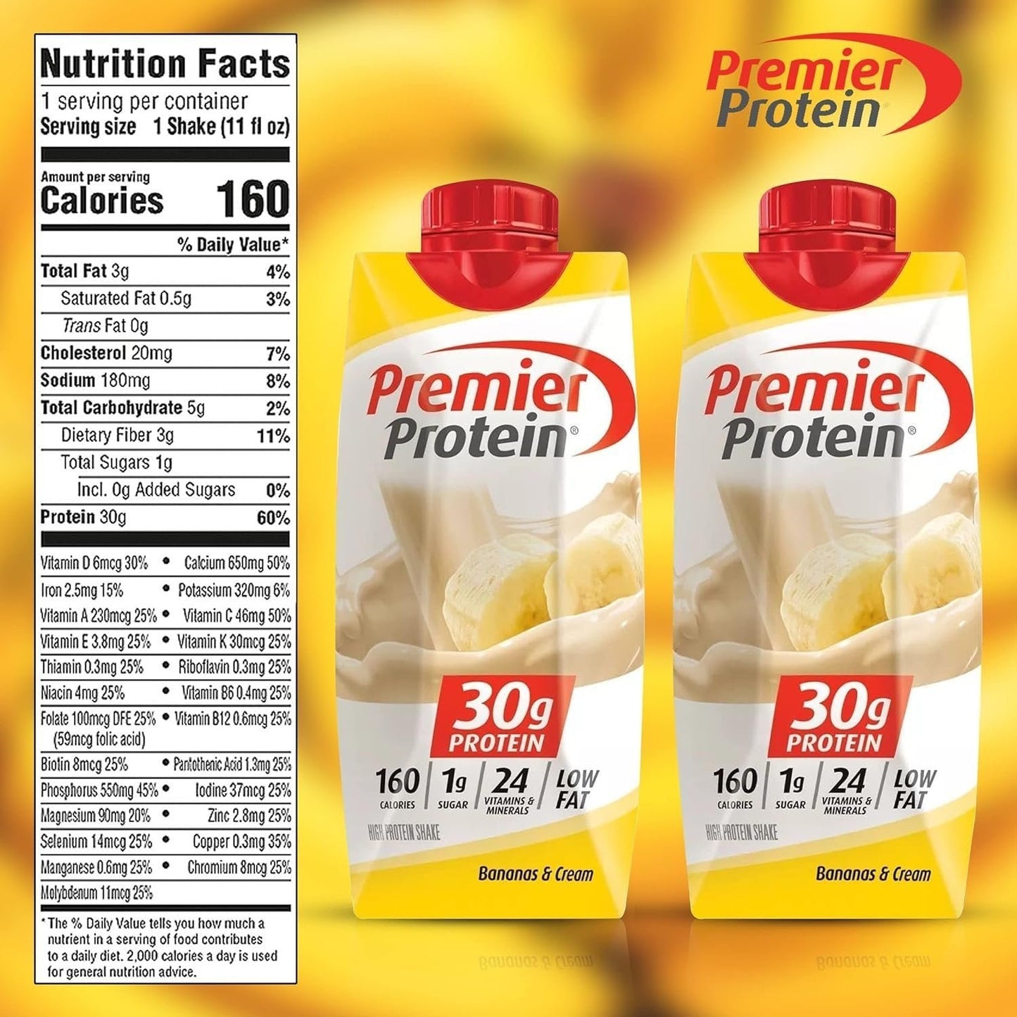 Premier Protein Shake  Bananas and Cream11 Fl oz, High-Protein Drink - 6 Bottles