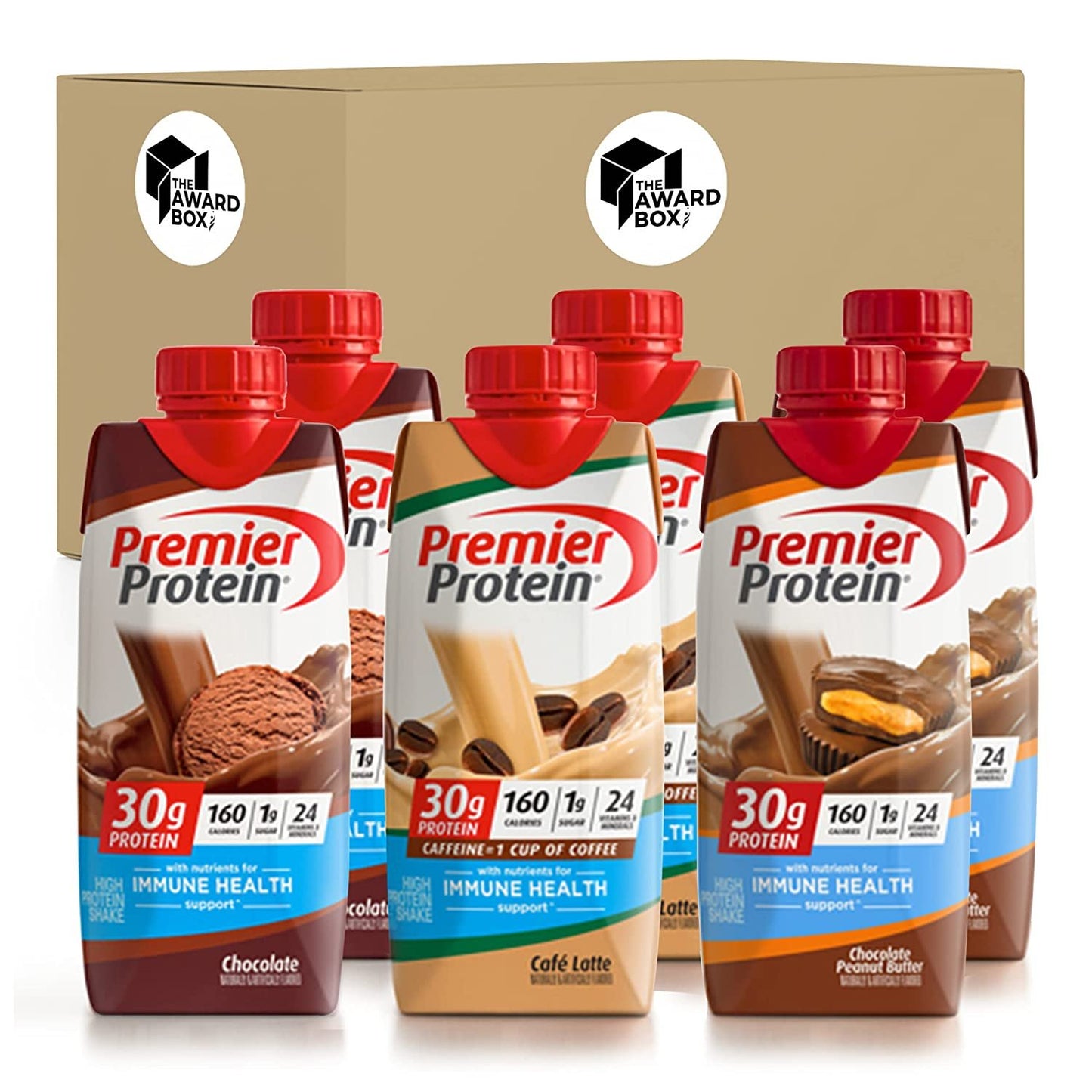 Premier Protein High Protein Shakes Variety Sampler Pack 11 Fl. Oz Each - 2 Caffe Latte, 2 Chocolate, 2 Chocolate Peanut Butter (6 Total Bottles) in The Award Box Packaging