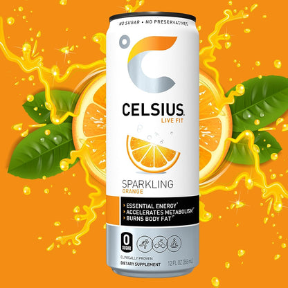 Celsius Sparkling Essential Energy Drink No Sugar or Preservatives 12 fl oz, Slim Cans Assorted Variety 6 Pack, in The Award Box Packaging Combo Box (Orange, Kiwi Guava, Wild Berry, 6 pack)