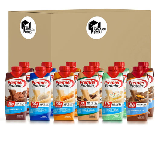 Protein Shake Variety 12 Pack 11 Fl. Oz Each Cafe Latte, Chocolate, Vanilla, Caramel, Cake Batter, Chocolate Peanut Butter - 2 of Each in Award Box Packaging