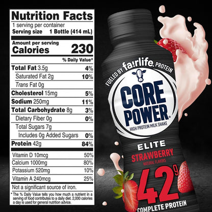 Core Power Elite Protein Shakes Chocolate Strawberry, Vanilla 42 Grams of Protein 14 Oz - Total of 12 Bottles