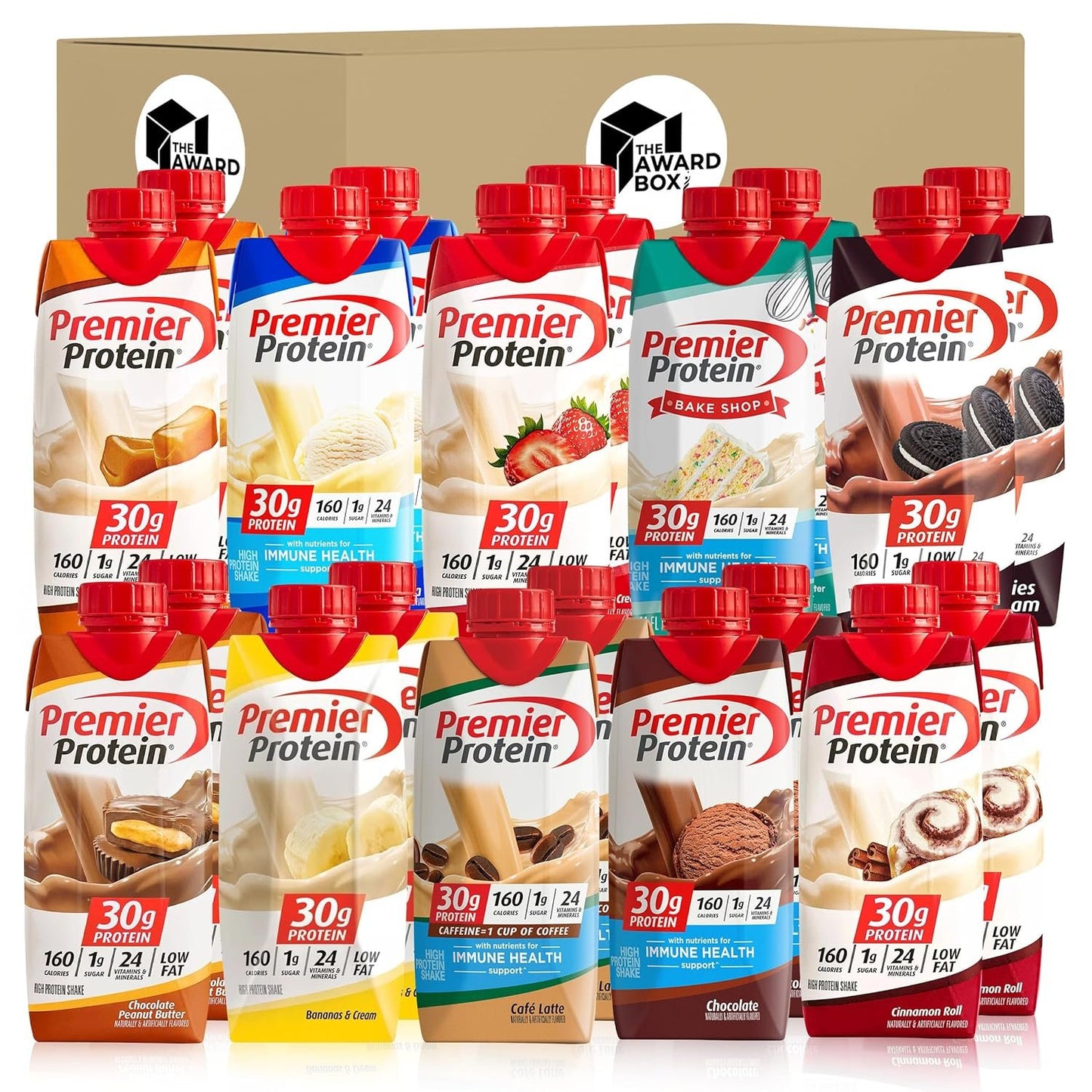 Premier Protein Shakes Variety Pack Sampler, 11 Fl. Oz Each - Cafe Latte, Chocolate, Vanilla, Caramel, Cake Batter, Chocolate Peanut Butter, Cinnamon, Banana, Strawberry, Cookies and Cream  (10 Flavors,2 each) - Pack of 20