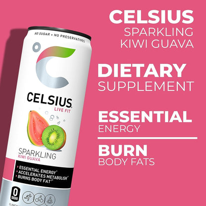 Celsius Sparkling Essential Energy Drink No Sugar or Preservatives 12 fl oz, Slim Cans Assorted Variety 6 Pack, in The Award Box Packaging Combo Box (Orange, Kiwi Guava, Wild Berry, 6 pack)