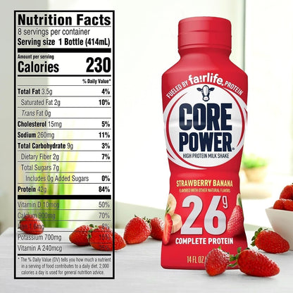 Core Power Protein Shakes 26g |- 2 Chocolate, 2 Vanilla  and Strawberry Banana 14 oz