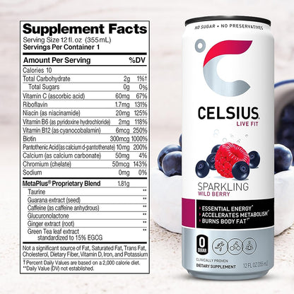 Celsius Sparkling Essential Energy Drink No Sugar or Preservatives 12 fl oz, Slim Cans Assorted Variety 6 Pack, in The Award Box Packaging Combo Box (Orange, Kiwi Guava, Wild Berry, 6 pack)