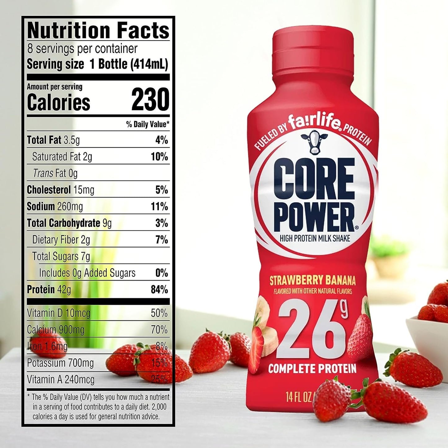 Core Power Protein Shakes 26g |- 2 Chocolate, 2 Vanilla  and Strawberry Banana 14 oz in The Award Box Packaging