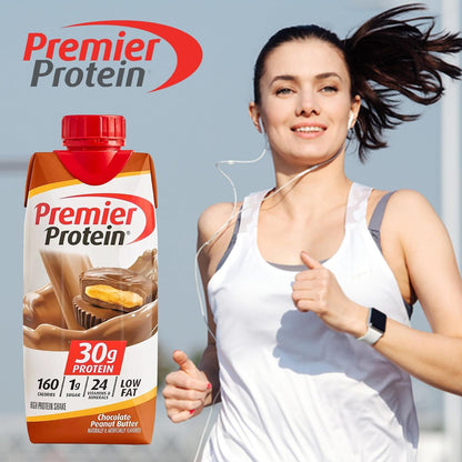 Premier  Protein Shakes Variety Pack 11 Fl. Oz Each - Chocolate Peanut Butter, Vanilla, Caffe Latte, 2 of Each Flavor (6 Total Bottles) in The Award Box Packaging