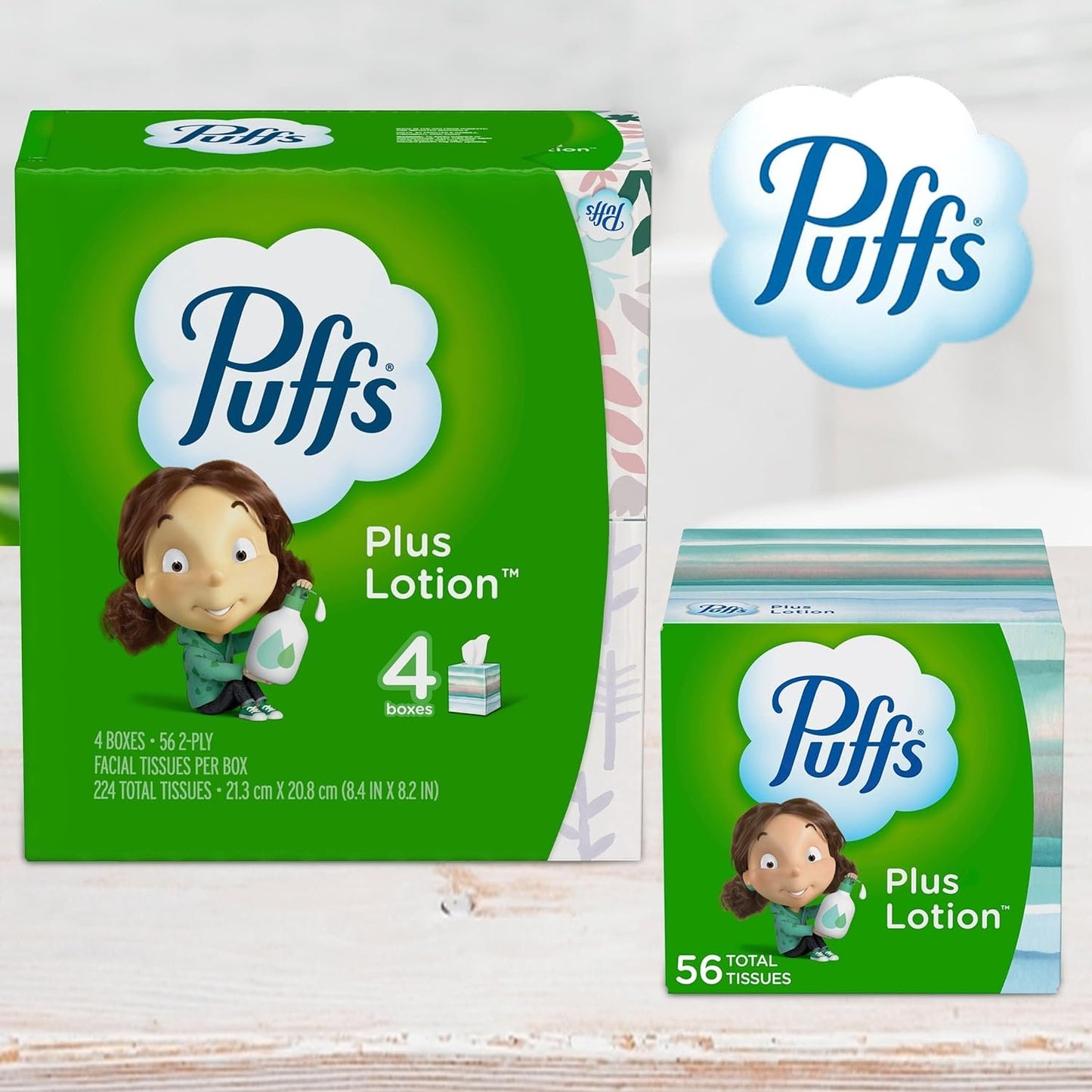 Puffs Plus Lotion Facial Tissues Ultra Soft Facial Tissues 2-Ply 56-count (4 Boxes) in The Award Box Packaging