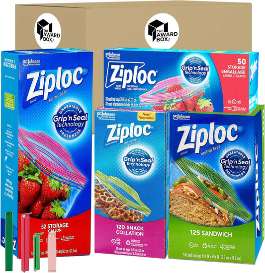 ZiplocBags 347 Bags Assortment Variety of 52 Freezer Gallon, 120 Sandwich Collation, 125 Sandwich Size 50 Storage Emballage Large bonus 4 clips included