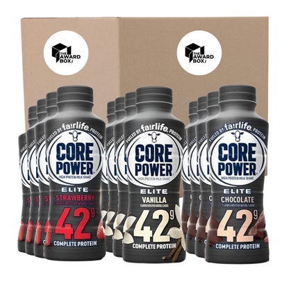 Core Power Elite Protein Shakes Chocolate Strawberry, Vanilla 42 Grams of Protein 14 Oz - Total of 12 Bottles