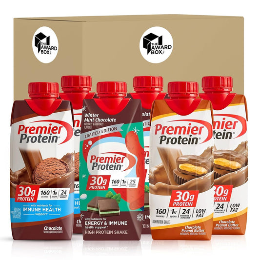 Premier Protein Shakes 6 Bottles Variety Pack in The Award Box Packaging 11 Fl. Oz Each ( 2 Winter Mint, 2 Chocolate and 2 Chocolate Peanut Butter)