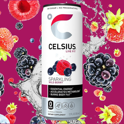 Celsius Sparkling Essential Energy Drink No Sugar or Preservatives 12 fl oz, Slim Cans Assorted Variety 6 Pack, in The Award Box Packaging Combo Box (Orange, Kiwi Guava, Wild Berry, 6 pack)