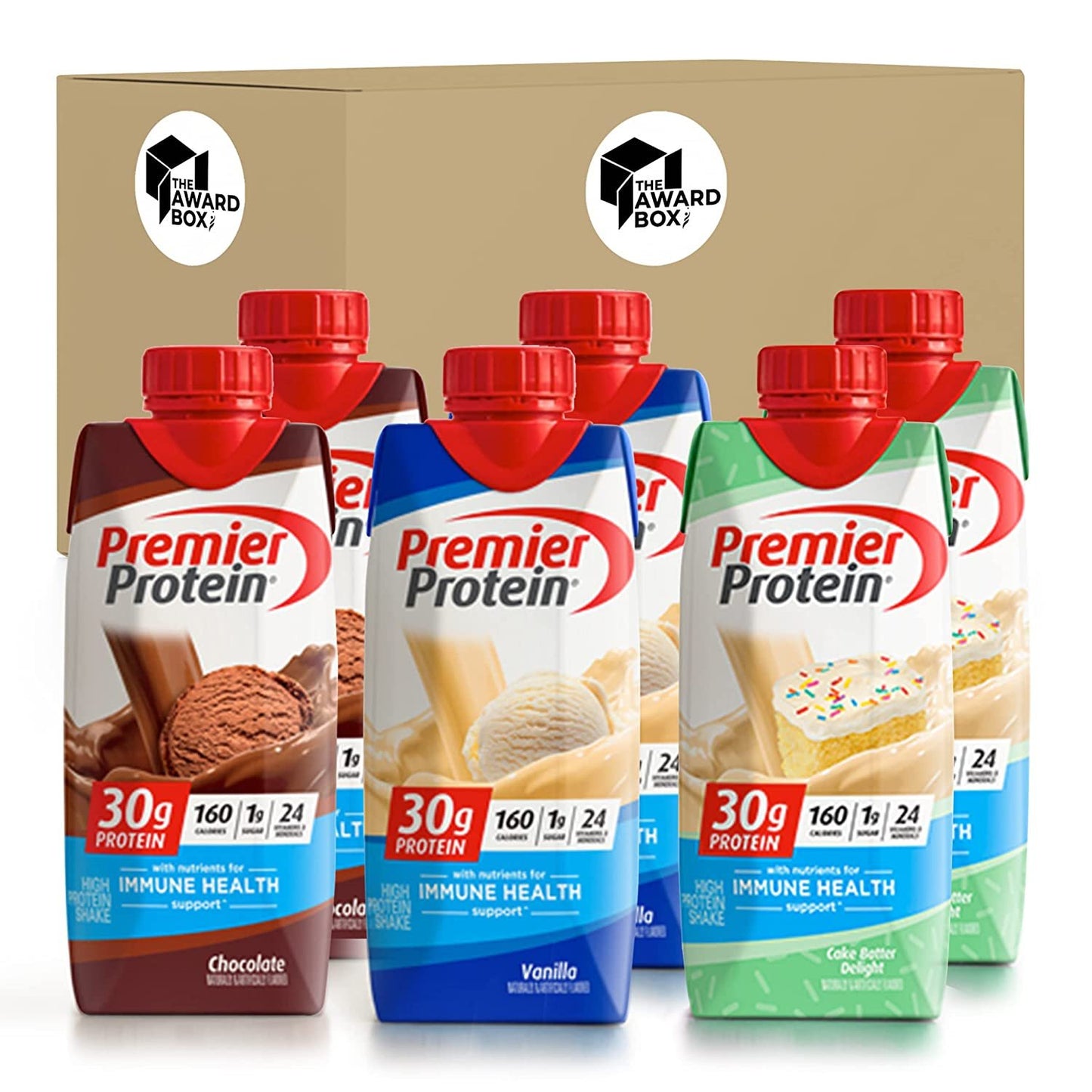 Premier Protein Shakes 6 Bottles Variety Pack in The Award Box Packaging 11 Fl. Oz Each (2 Chocolate, 2 Vanilla, 2 Cake Batter)