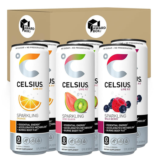 Celsius Sparkling Essential Energy Drink No Sugar or Preservatives 12 fl oz, Slim Cans Assorted Variety 6 Pack, in The Award Box Packaging Combo Box (Orange, Kiwi Guava, Wild Berry, 6 pack)