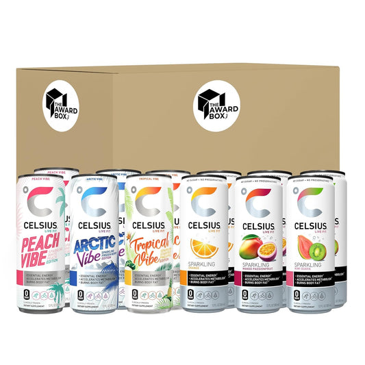 Celsius Sparkling Essential Energy Drink No Sugar or Preservatives 12 fl oz, Slim Cans Assorted Variety 12 Pack, in The Award Box Packaging Combo Box