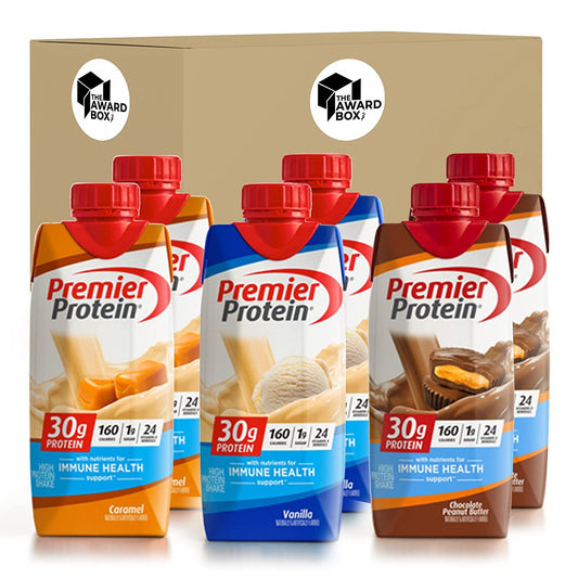 Premier Protein Shake Chocolate Peanut Butter, Vanilla and  Caramel 11 fl oz Variety Pack 6 Bottles  in Award Box Packaging