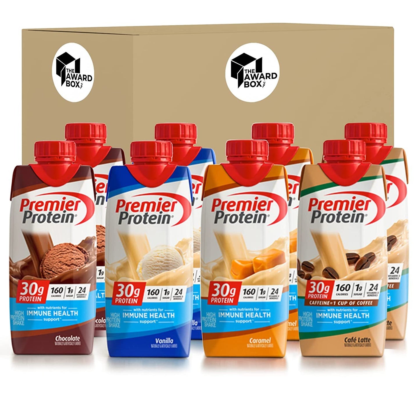 Premier Protein Shake Cafe Latte, Chocolate, Vanilla, Caramel 11 fl oz Variety Pack in The Award Box Packaging