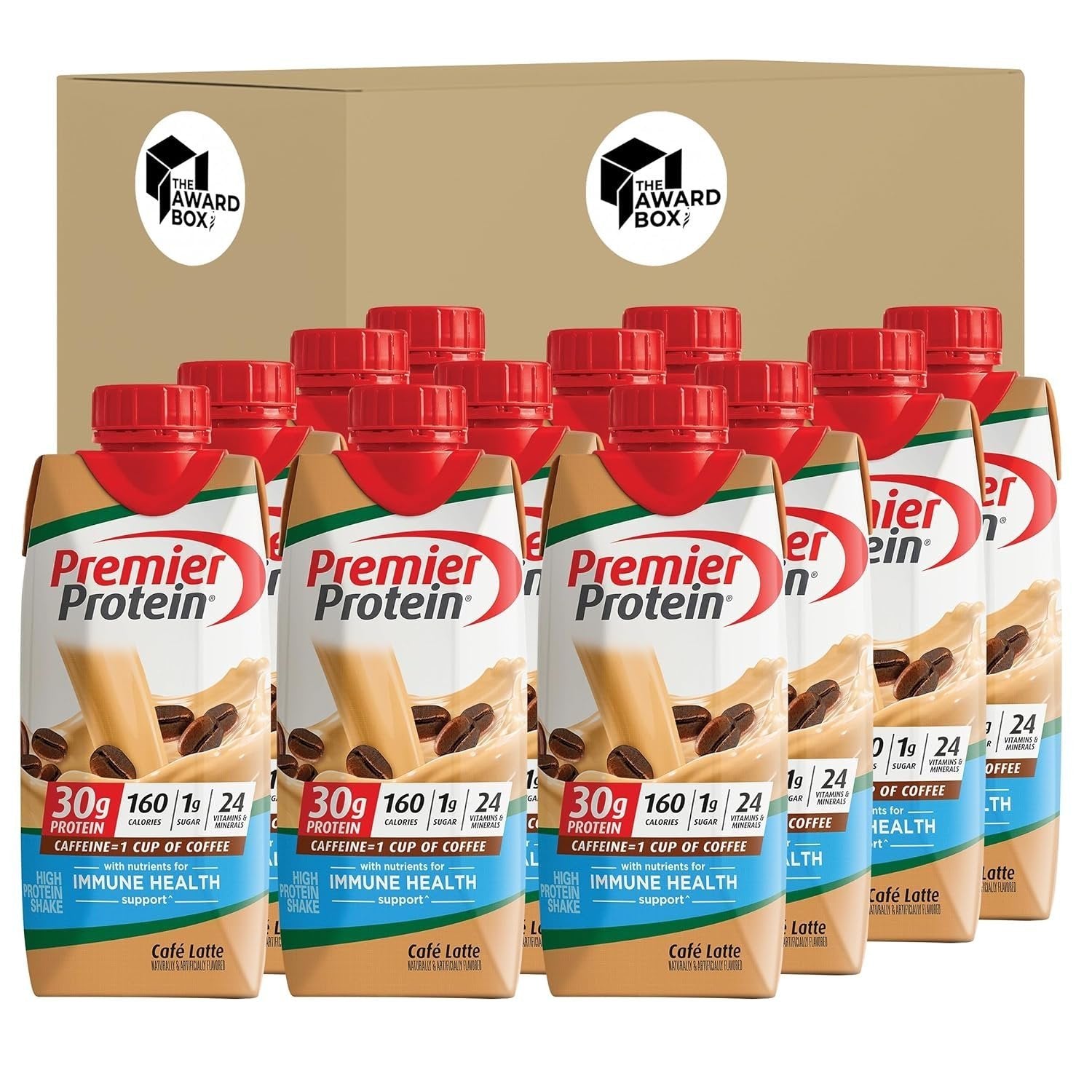 Premier Protein Shake Cafe Latte 11 Fl oz each in The Award Box Packaging - 12 Pack