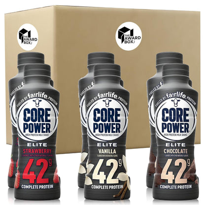 Core Power Elite Variety Pack - Vanilla, Strawberry, and Chocolate 42g Protein Shakes - 14 Fl Oz 6 Bottles (2 each) in The Award Box Packaging