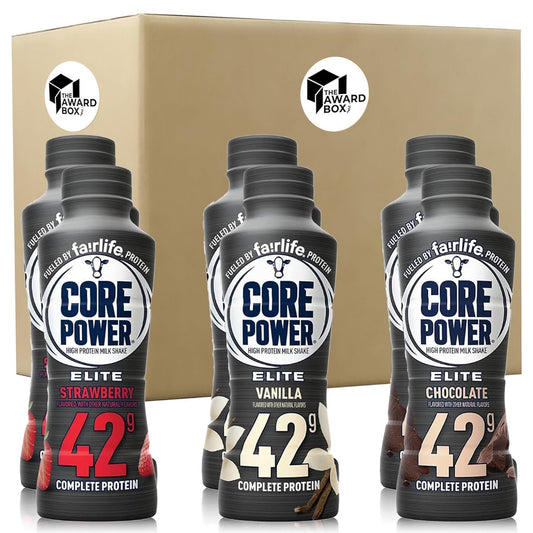 Core Power Elite Variety Pack - Vanilla, Strawberry, and Chocolate 42g Protein Shakes - 14 Fl Oz 6 Bottles (2 each) in The Award Box Packaging