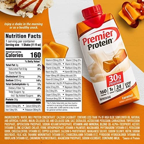 Premier Protein Shake Cafe Latte, Chocolate, Vanilla, Caramel 11 fl oz Variety Pack in The Award Box Packaging