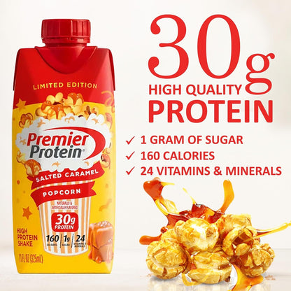 Premier Protein Shakes Salted Caramel Popcorn 6 Bottles in The Award Box Packaging 11 Fl oz Each